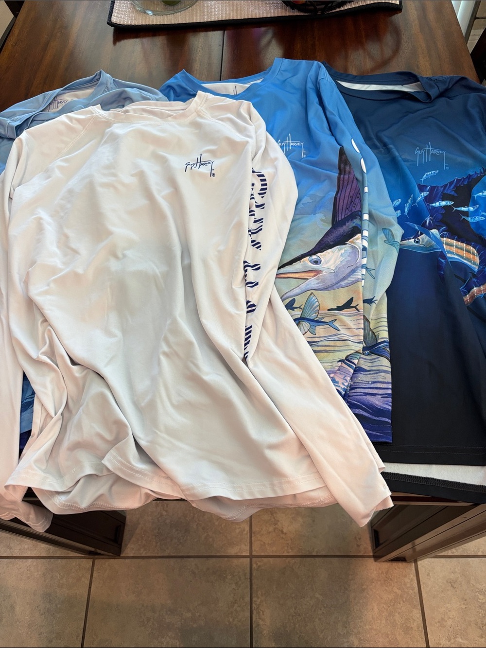 Guy Harvey Long Sleeve Performance Shirts - White, Light, Medium and Dark Blue